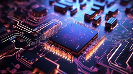 Close-up of a computer microchip on a motherboard, with glowing lines and intricate circuitry, conveying advanced technology and connectivity.