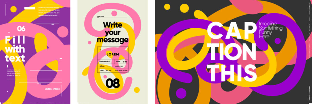 A set of vibrant posters featuring customizable text areas and captions, ideal for modern marketing campaigns. The designs incorporate bold colors and abstract shapes.