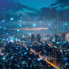 Internet of Things, high-speed connection, and smart city concept illustrated by digital circuit lines covering a metropolis city against a blue sky background. Double exposure.