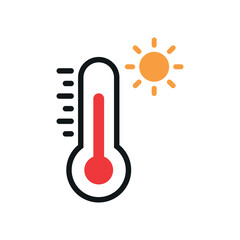 High Temperature, Hot, Thermometer with Sun and Scale Icon Vector Illustration on White Background. Hot Weather Flat Sign.