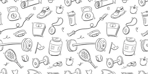 Doodle gym sketch health seamless pattern background. Hand drawn sketch doodle healthy sport, gym fit exercise equipment background. Hand drawn tennis ball, bottle, dumbbell fit. Vector illustration