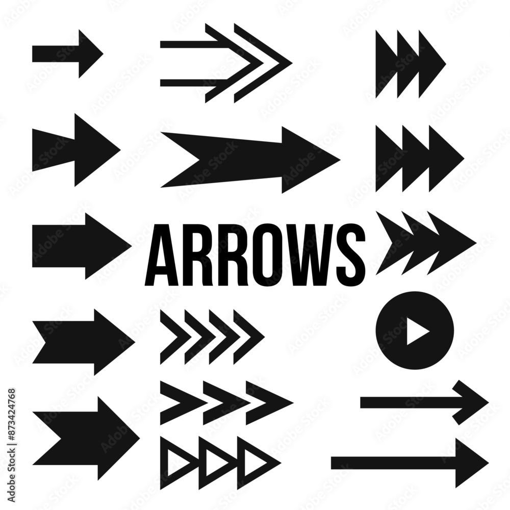 Poster Set of arrows silhouettes. Black arrows icons, simple arrow pointers.
