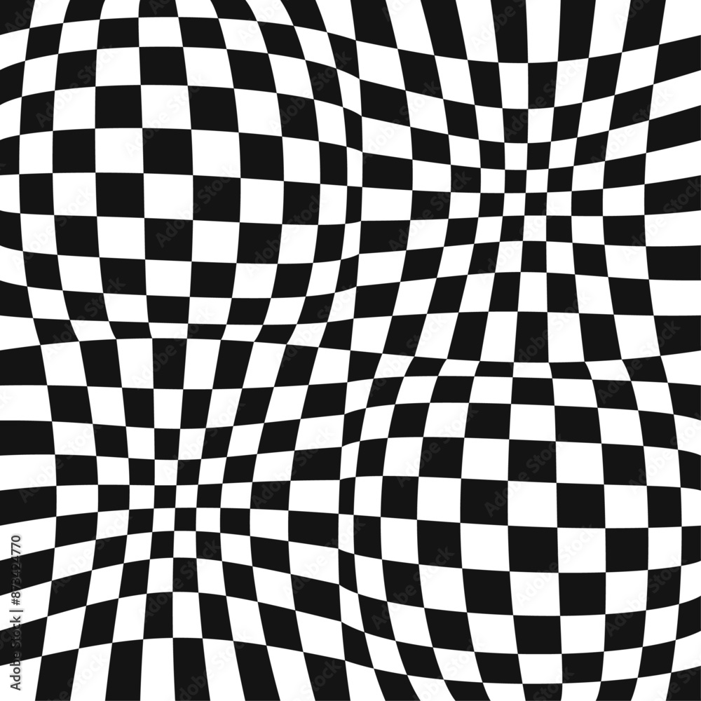 Poster Background of black and white square cells, chess type. Checkered convex pattern. 