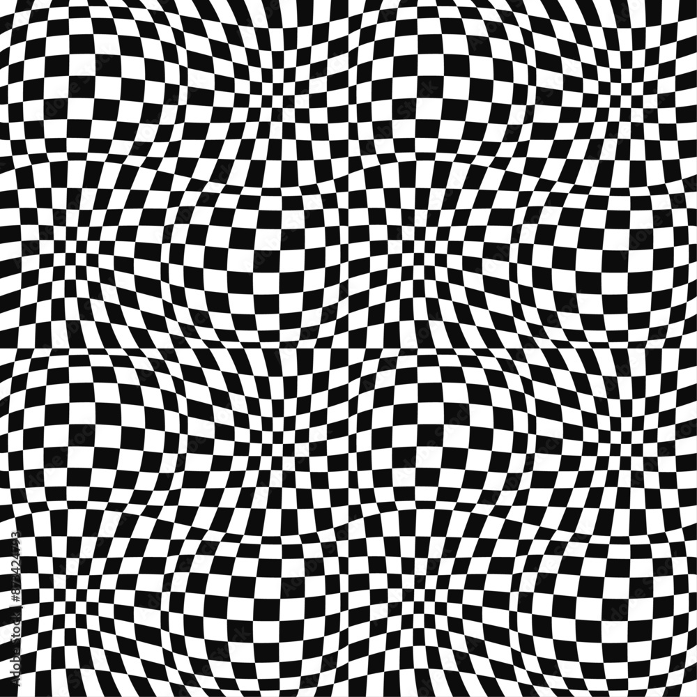 Poster Checkered convex pattern. Background of black and white square cells, chess type.