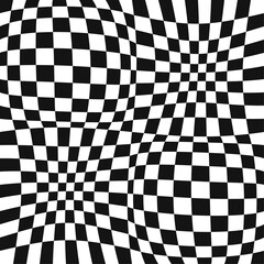Background of black and white square cells, chess type. Checkered convex pattern. 