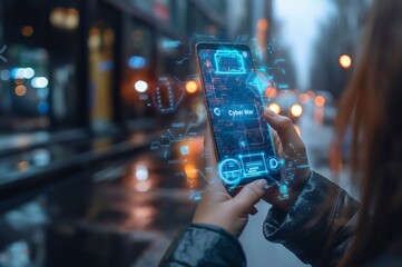 Female cyber warrior looks at holographic screen of phone in hand in cyber war generative ai