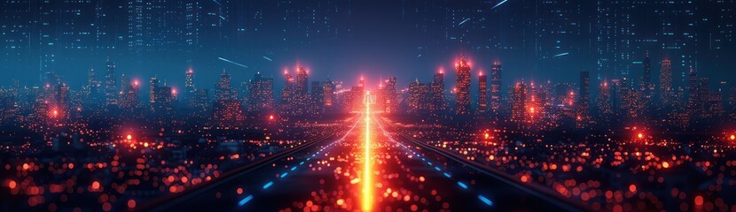 Obraz premium Cyberpunk Cityscape with Glowing Road