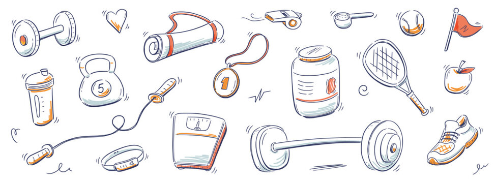 Sport gym sketch health icon set. Hand drawn sketch doodle healthy sport, gym fit exercise equipment icon.Doodle hand drawn tennis ball, bottle, dumbbell fit equipment. Vector illustration.