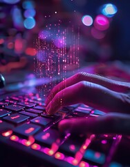 Close-up image of a cyber warrior's hand using a hi-tech holographic purple light keyboard on a mobile phone to fight in the cyber war. generative ai