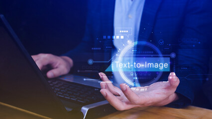 Ai tech Text to image, virtual graphic with AI, Artificial Intelligence, using command prompt for generates something, Futuristic technology transformation.