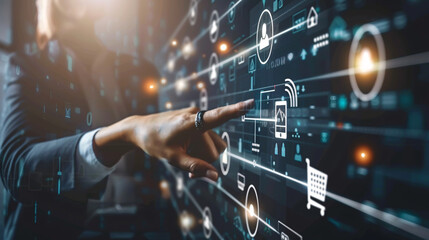 Fototapeta premium A businessman touching online banking and network connection icons on a virtual screen, highlighting online payment, shopping, and business digital technology, with a focus on cyber security