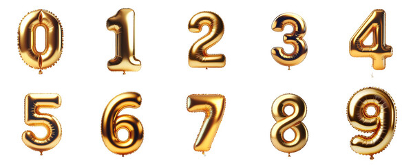 3D Render of Golden inflatable foil baloons set. Bright party decoration figures. Yellow numbers isolated on white background.	