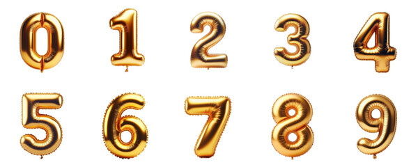 3D Render of Golden inflatable foil baloons set. Bright party decoration figures. Yellow numbers isolated on white background.	