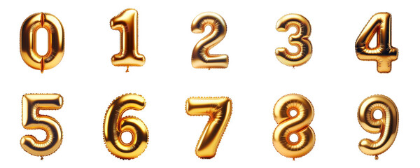 3D Render of Golden inflatable foil baloons set. Bright party decoration figures. Yellow numbers isolated on white background.	