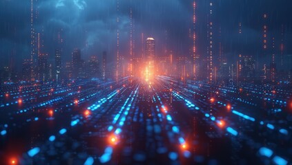 Obraz premium Cyberpunk Cityscape with Digital Rain