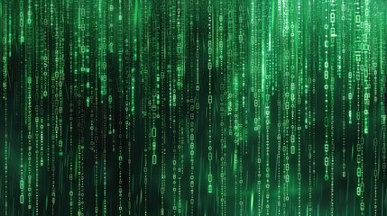 A backdrop of cascading digital rain, with neon green matrix-style code falling in waves, symbolizing the flow of information in the digital age.