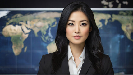 Obraz premium Portrait of beautiful Asian woman in business outfit looking at camera, TV reporter, news, weather forecast, business meeting concept. 