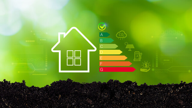 Energy efficiency concept, energy efficiency rating for energy efficient house building rate label audit, Renewable energy concept. for background.
