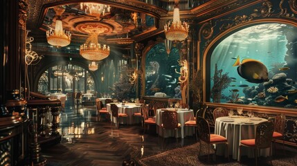 Luxurious Underwater-Themed Seafood Restaurant with Opulent Decor for Posters and Print Designs