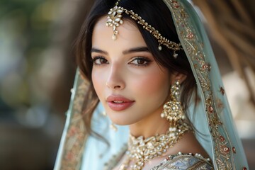 Indian Bride In Elegant Blue Sari With Jewelry