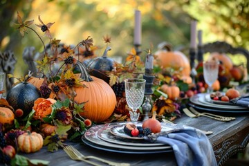 Create an elegant and festive autumn harvest-themed table setting for your outdoor fall dinner party with rustic charm and chic tableware. Including pumpkins. Gourds. Berries. Leaves
