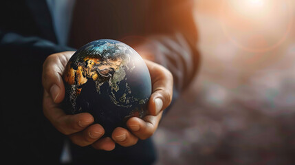 Fototapeta premium Businessman man hand holding Earth icon, digital globe.
