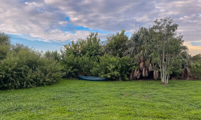 Green canoe  lying upside down in the grass by trees