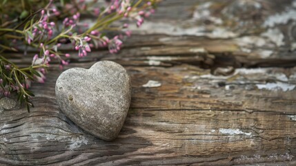 Stone heart decoration on an old table with space for text ideal for postcards during a festive season