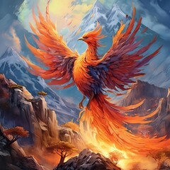 A mythical creature resembling a phoenix, with colorful feathers and wings, perched on a rock surrounded by flames. The bird has a sharp beak and is beautifully depicted in CG artwork