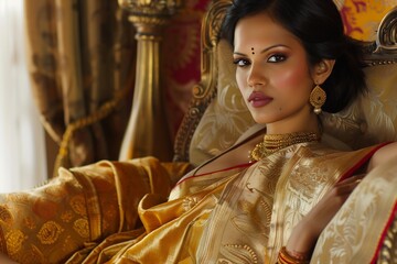 Indian Woman in Gold Sari with Elegant Jewelry