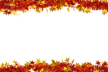 Festive Christmas frame, border. Bright red fluffy tinsel with golden stars as a frame. Garlands isolated on white background. Flat lay, top view, copy space.