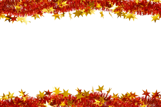 Festive Christmas frame, border. Bright red fluffy tinsel with golden stars as a frame. Garlands isolated on white background. Flat lay, top view, copy space.