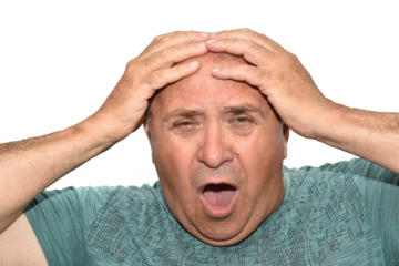 Portrait of an elderly man screaming while holding his head in his hands.
