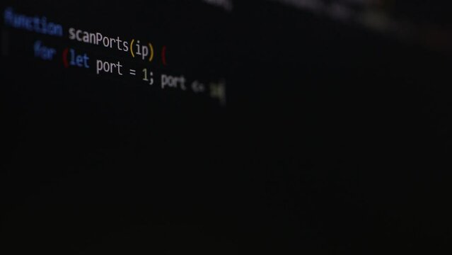 Program Code Javascript Network Port Scanning. Close up shot programming tag code on PC Monitor