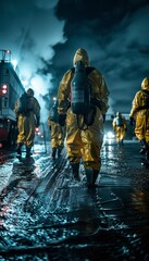 Fototapeta premium Night Oil Spill Response Team in Action in Hazmat Suits Under Floodlights