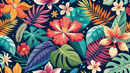 Fototapeta premium the vibrant spirit of the Aloha State with a colorful and whimsical pattern that captures the essence of Hawaii, from the lush green foliage to the bright blue waters and vibrant sunsets