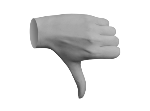 Thumb down gesture, dislike finger, disapproving feedback, hand sign isolated on white background., transparent cut out PNG