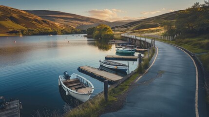 A road encircling a serene lake, with wooden docks and boats moored along the edges, surrounded by gentle hills and a calm atmosphere.