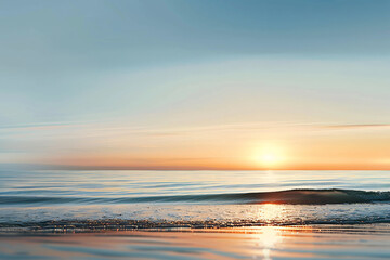 Fototapeta premium Tranquil seascape with a panoramic view of the bright sunset over the coastline, creating a serene and peaceful atmosphere. Suitable for travel or relaxation themed content.