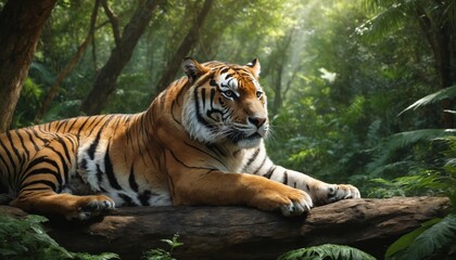 Obraz premium Majestic tiger resting on a log in a lush jungle