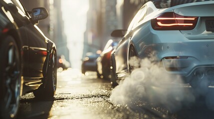 Cars driving on a busy urban street under warm sunlight