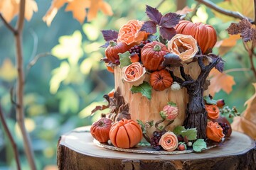 Naklejka premium Elegant fall-inspired cake adorned with sugar pumpkins, berries, and leaves on a rustic wooden stand