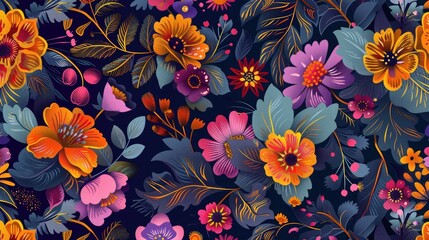 A seamless folk floral wallpaper featuring intricate wildflowers and leaves in rich, bold colors on a deep indigo background.