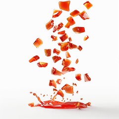 Fototapeta premium Red liquid, pieces of glass fall in slow motion on a white background