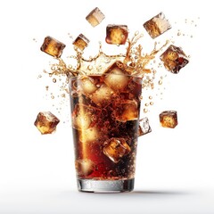 Refreshing and cold cola drink with ice cubes splashing out of the glass isolated on white background