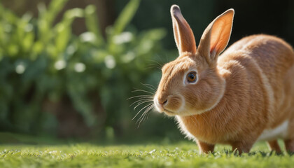 Fototapeta premium A gentle brown rabbit in a sun-drenched meadow