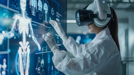 Medical researcher using VR headset analyzing virtual anatomy model