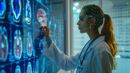 Female Doctor Analyzing Digital Brain Scans on Futuristic Touchscreen