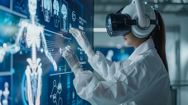 Medical researcher using VR headset analyzing virtual anatomy model