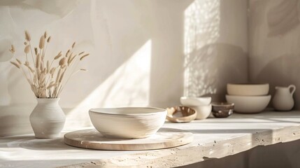 A minimalist pottery setup featuring a single pottery wheel, a lump of clay, and a smooth, clean workspace